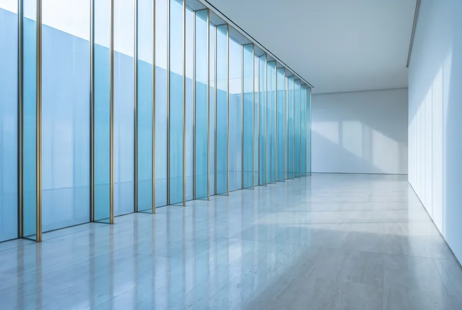 A bright white gallery lined with tall glass panels
