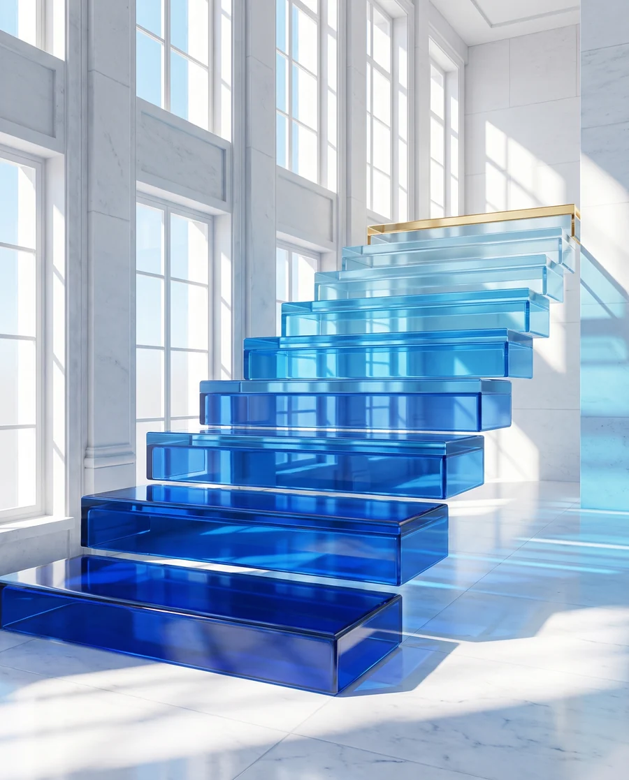 A blue glass staircase rising in a bright white room