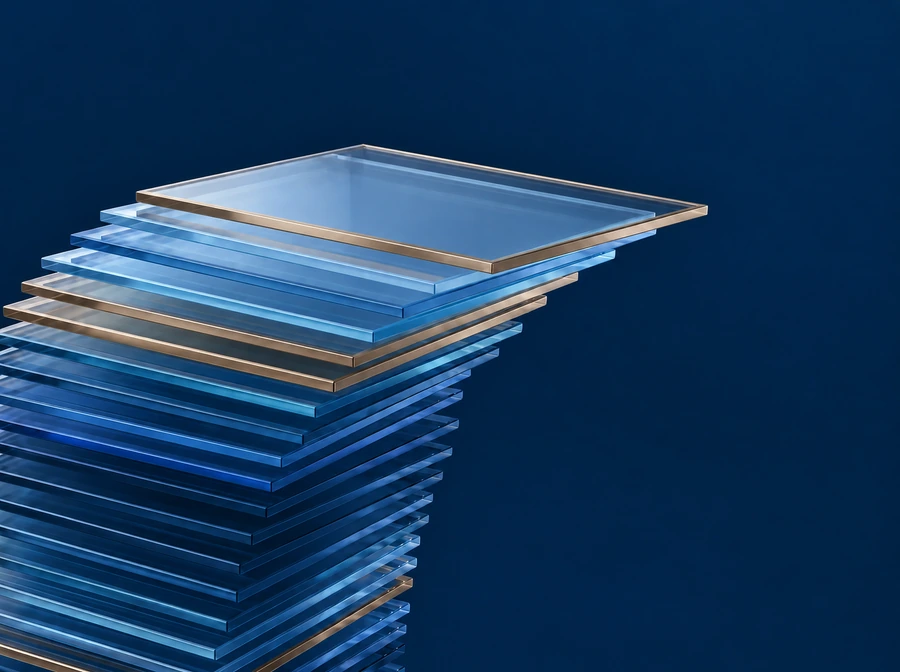 A deep stack of glass slabs with gold edges