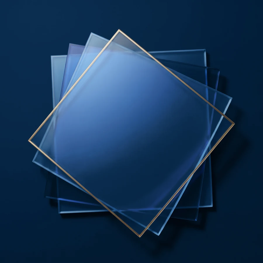 A square glass pane rising above a stack of panes