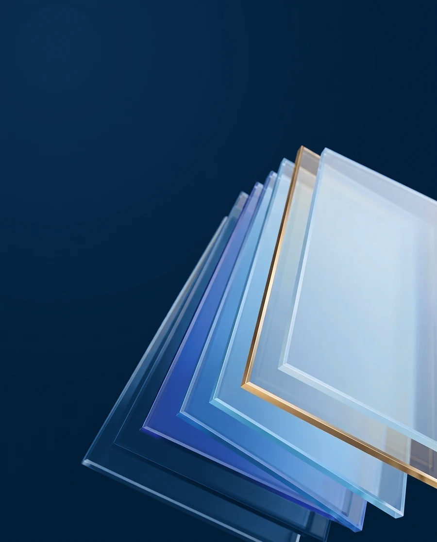 Glass panes fanned out like cards, one with a gold edge