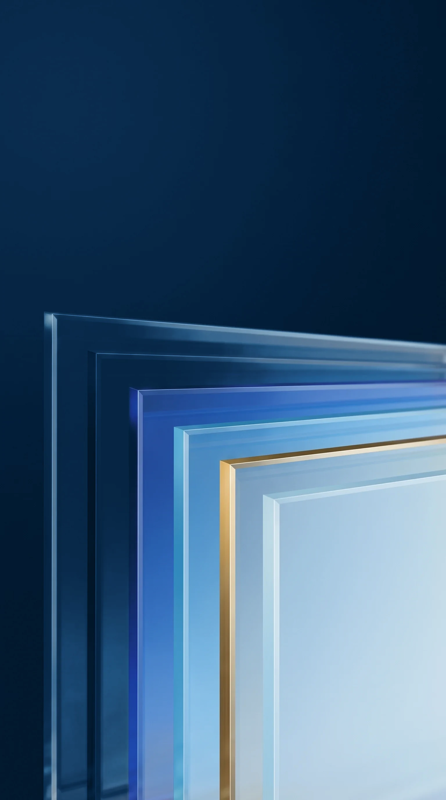 Panes of blue glass stacked in a tall column