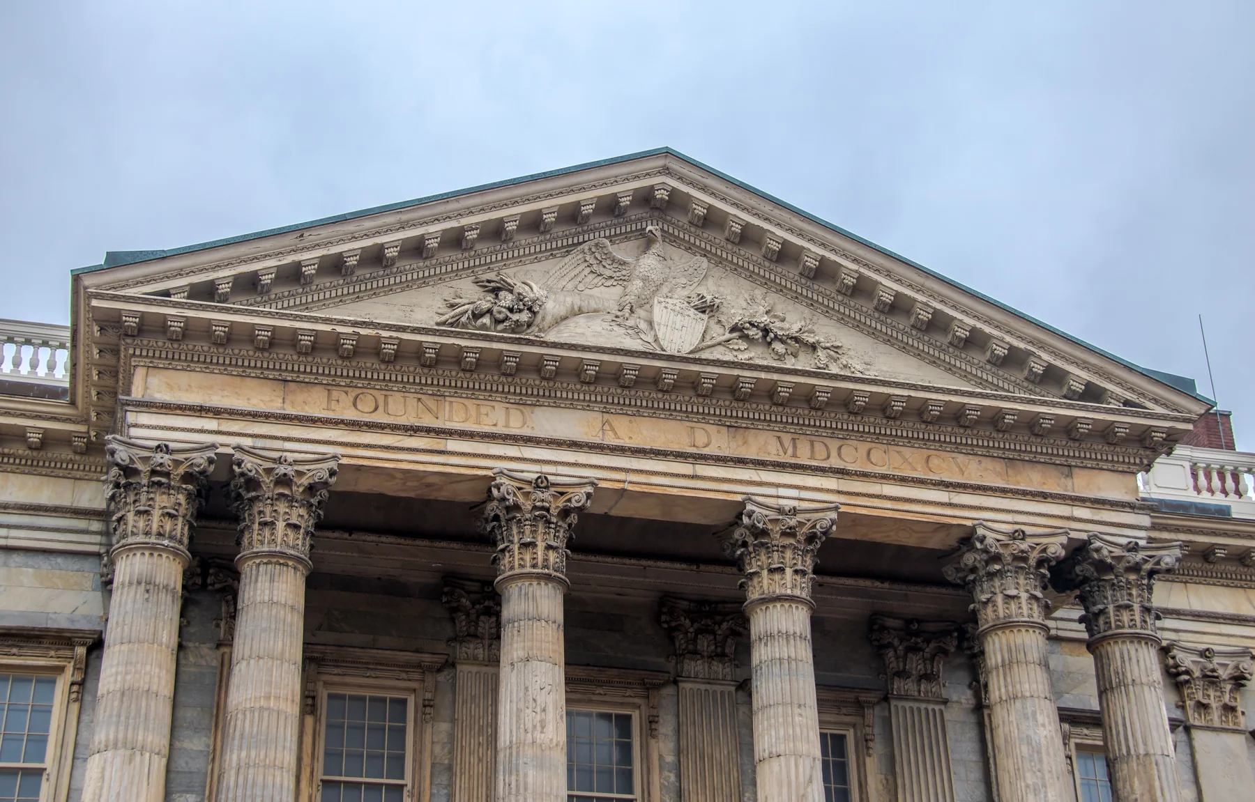 A classical bank portico and pediment