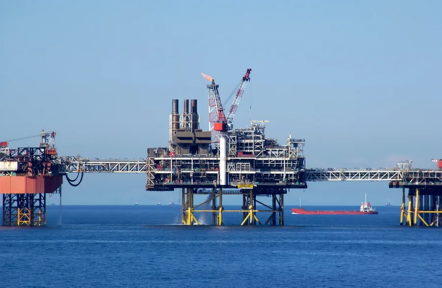 An offshore oil and gas platform at sea