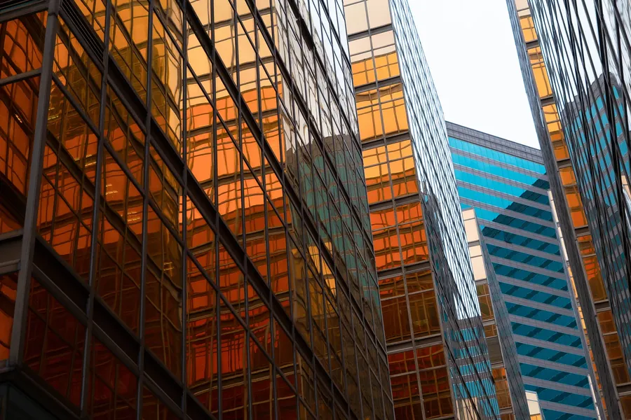 Amber glass facades, looking up