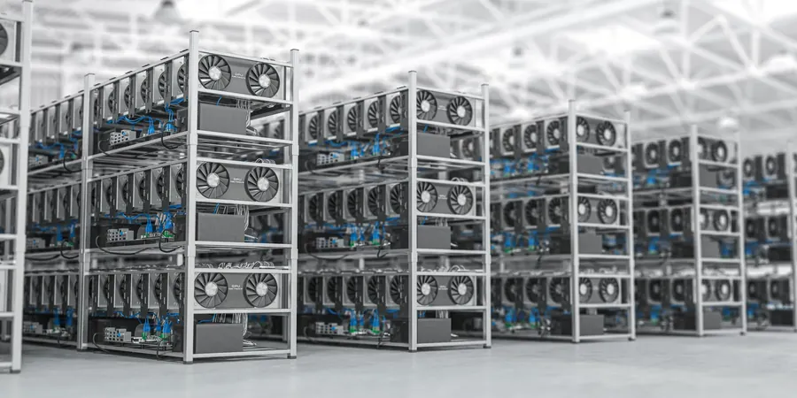 Rows of GPU racks in a white hall