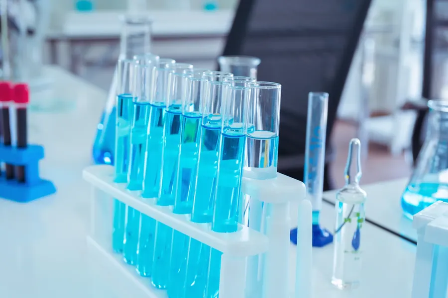 Test tubes of blue liquid