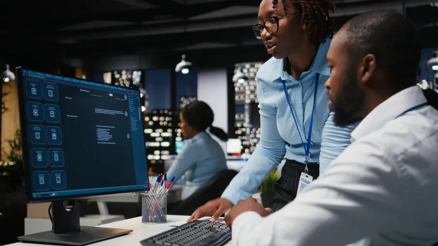 Two colleagues reviewing work at a monitor