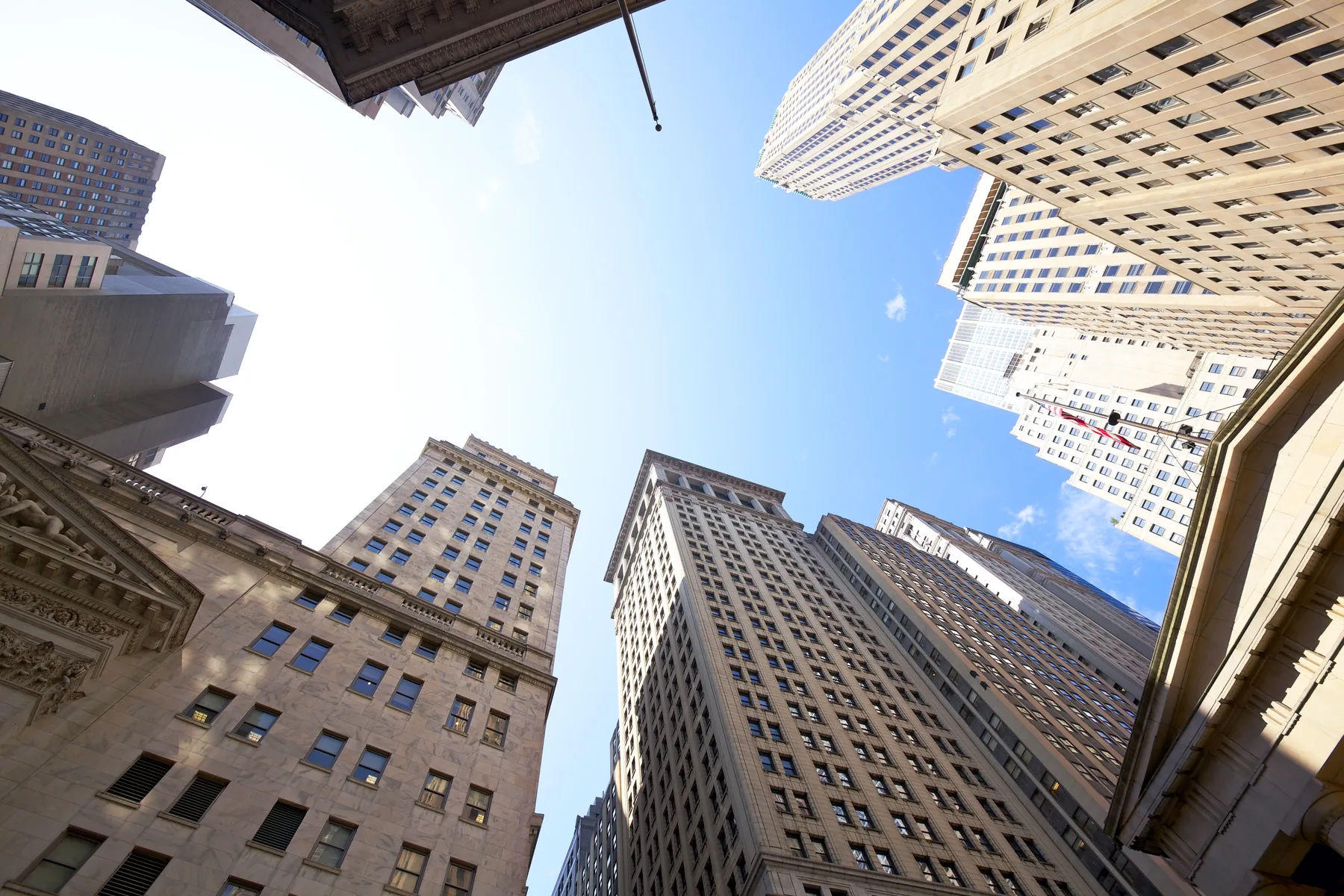 Stone towers of the financial district, looking up