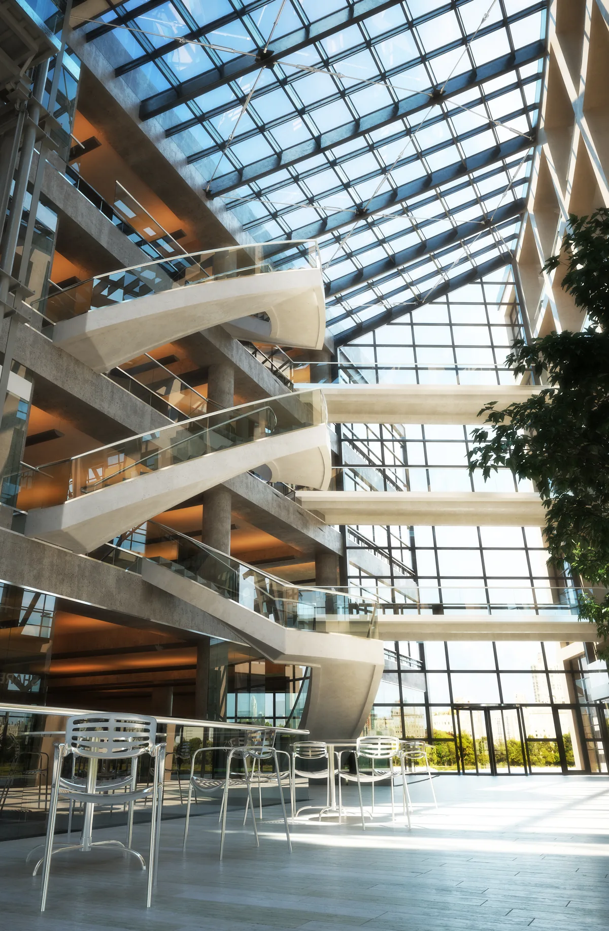 A spiral glass atrium with open stairs