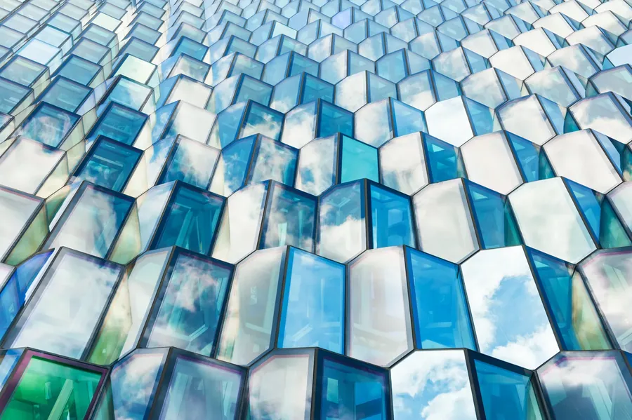 Faceted glass block facade