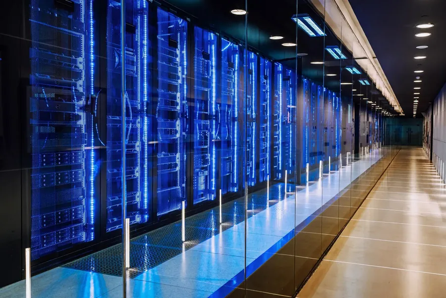 Server hall behind glass wall