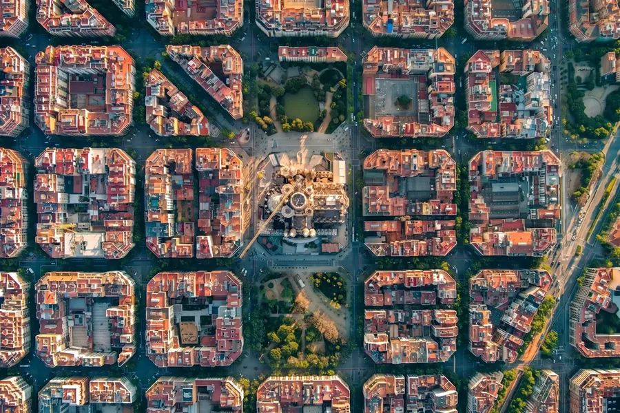 City blocks repeating in a grid, seen from above