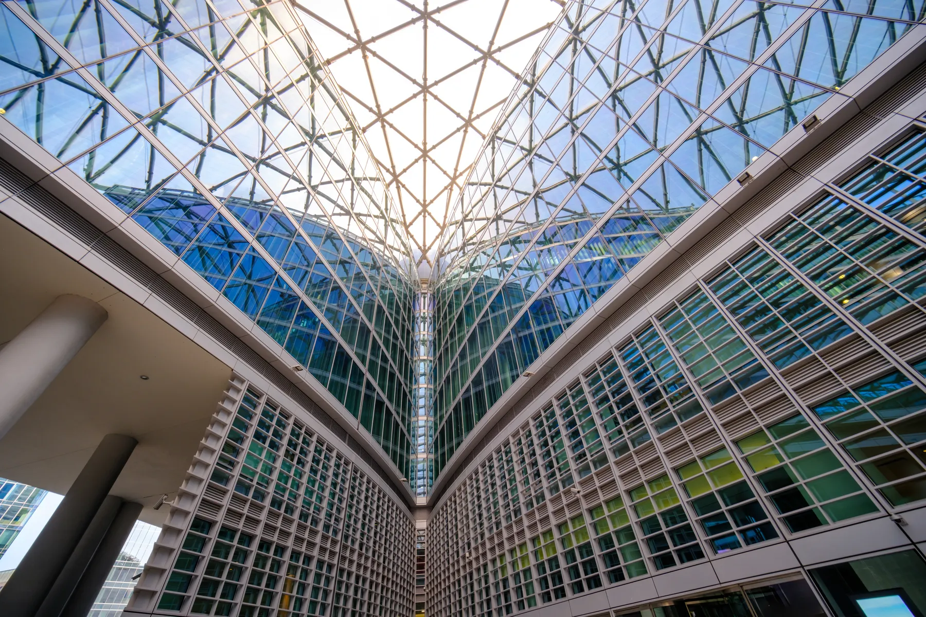 A glass canopy between office blocks