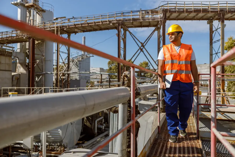 Engineer walking along plant pipeline